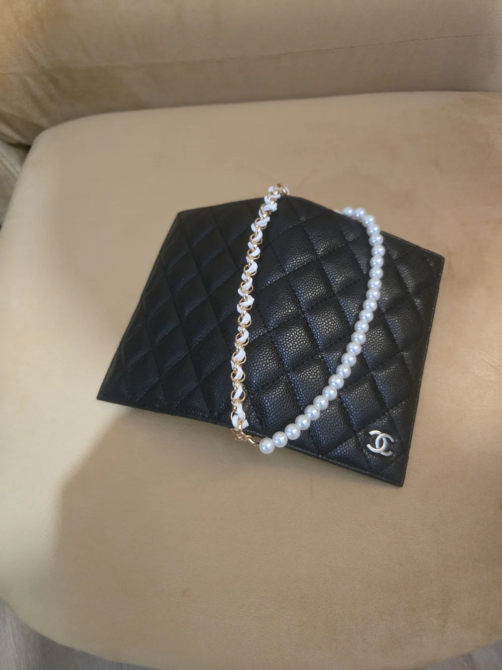 Chanel Black Quilted Passport Holder with Pearl-Chain